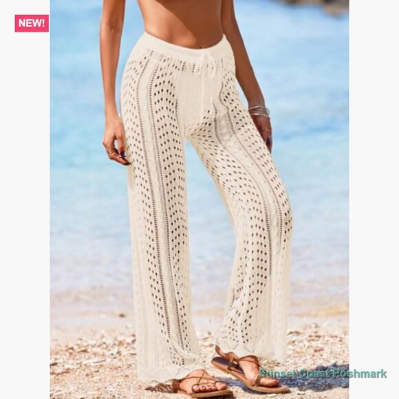 Crochet Mesh Knit Beach Cover Up Pants High Waist Drawstring - Picture 2 of 7